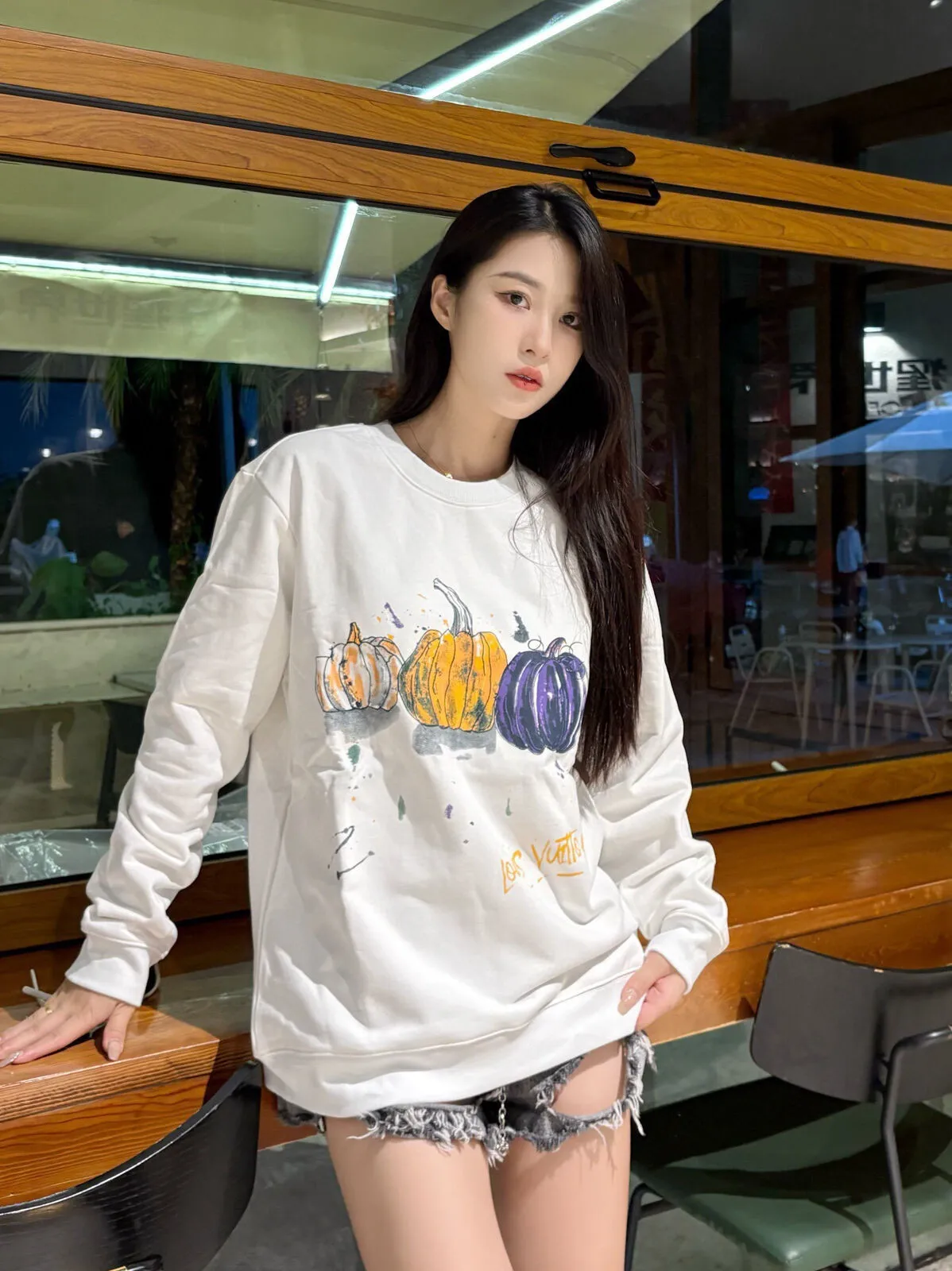 Louis Vuitton/Louis Vuitton 24FW graffiti hand-painted pumpkin round neck sweatshirt